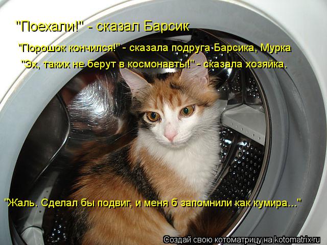 "Поехали!" - сказал Барсик "Порошок кончился!" - сказала подруга Барсика, Мурка "Эх, таких не берут в... Котоматрица: "Поехали!" - сказал Барсик "Порошок кончился!" - сказала подруга Барсика, Мурка "Эх, таких не берут в космонавты!" - сказала хозяйка. "Жаль. Сдела
