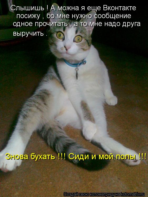 Слышишь ! А можна я еще Вконтакте посижу , бо мне нужно сообщение одное прочитать , а то мне надо... Котоматрица: Слышишь ! А можна я еще Вконтакте посижу , бо мне нужно сообщение одное прочитать , а то мне надо друга выручить . Знова бухать !!! Сиди и мой