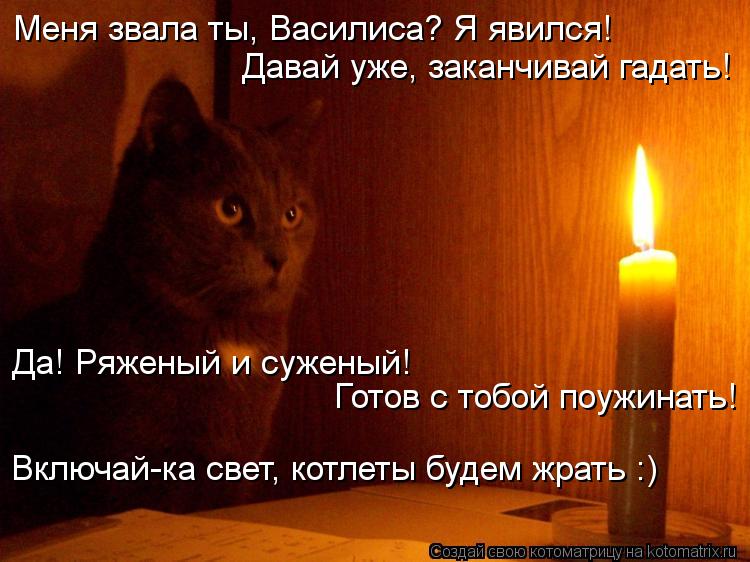 Меня звала ты, Василиса? Я явился! Давай уже, заканчивай гадать! Да! Ряженый и суженый! Готов с тоб... Котоматрица: Меня звала ты, Василиса? Я явился! Давай уже, заканчивай гадать! Да! Ряженый и суженый! Готов с тобой поужинать! Включай-ка свет, котлеты буде