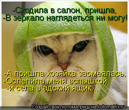 -Сходила в салон, пришла, -В зеркало наглядеться ни могу! -А пришла хозяйка засмеялась, -Ослепила мен... Котоматрица: -Сходила в салон, пришла, -В зеркало наглядеться ни могу! -А пришла хозяйка засмеялась, -Ослепила меня вспышкой -и села в адский ящик....