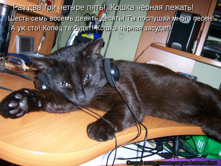 Котоматрица: Раз два три четыре пять!, Кошка чёрная лежать! Шесть семь восемь девять десять! Ты послушай много песен! А уж сто! Копец те будет! Кошка чёрная