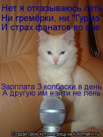 Нет я отказываюсь петь Ни гремёрки, ни "Гурмэ" Зарплата 3 колбаски в день И страх фанатов во сне А др... Котоматрица: Нет я отказываюсь петь Ни гремёрки, ни "Гурмэ" Зарплата 3 колбаски в день И страх фанатов во сне А другую им найти не лень