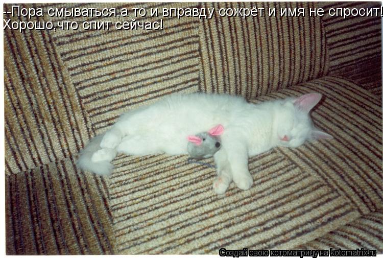 --Пора смываться,а то и вправду сожрёт и имя не спросит! Хорошо,что спит сейчас!... Котоматрица: --Пора смываться,а то и вправду сожрёт и имя не спросит! Хорошо,что спит сейчас!