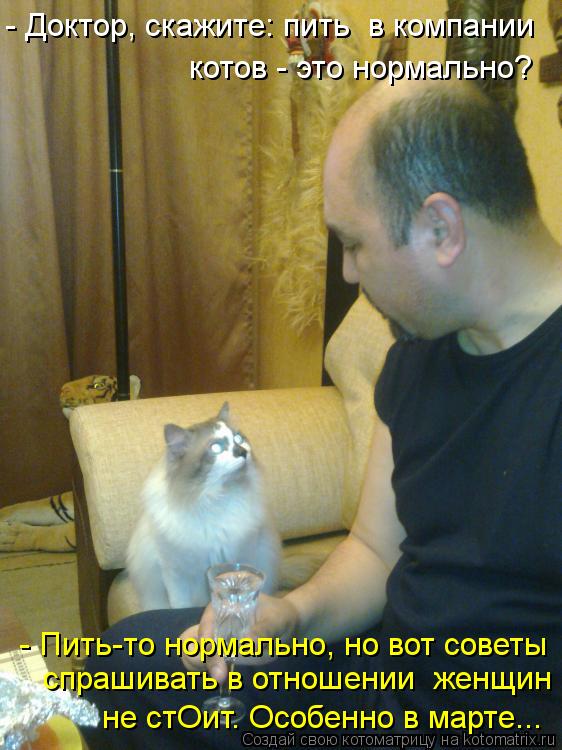 - Доктор, скажите: пить в компании котов - это нормально? - Пить-то нормально, но вот советы спраш... Котоматрица: - Доктор, скажите: пить в компании котов - это нормально? - Пить-то нормально, но вот советы спрашивать в отношении женщин не стОит. Особенно