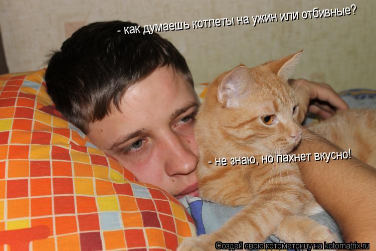- как думаешь котлеты на ужин или отбивные? - не знаю, но пахнет вкусно!... Котоматрица: - как думаешь котлеты на ужин или отбивные? - не знаю, но пахнет вкусно!