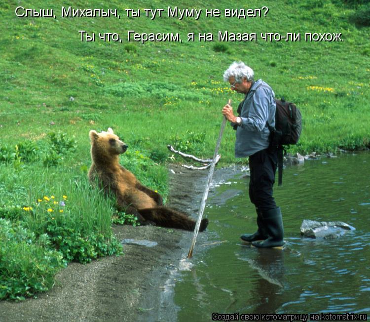 Слыш, Михалыч, ты тут Муму не видел? Ты что, Герасим, я на Мазая что-ли похож.... Котоматрица: Слыш, Михалыч, ты тут Муму не видел? Ты что, Герасим, я на Мазая что-ли похож.