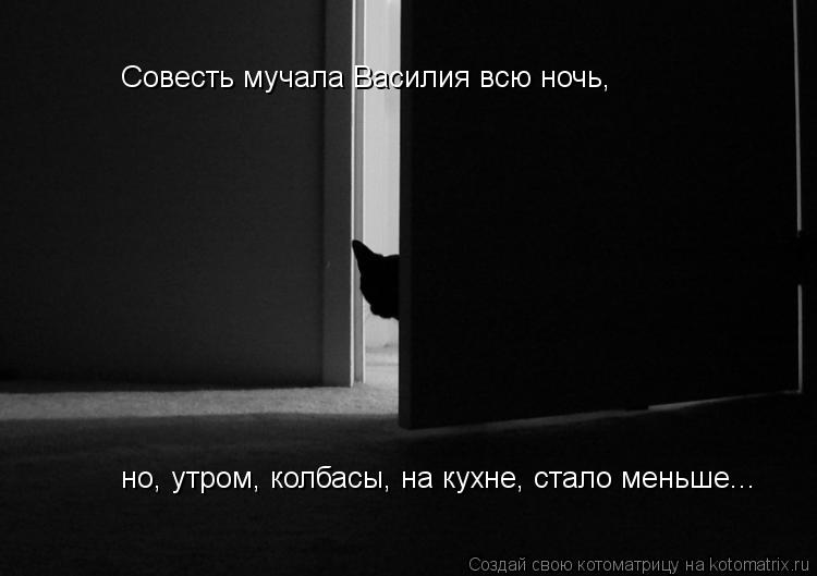 Совесть мучала Василия всю ночь, но, утром, колбасы, на кухне, стало меньше...... Котоматрица: Совесть мучала Василия всю ночь, но, утром, колбасы, на кухне, стало меньше...
