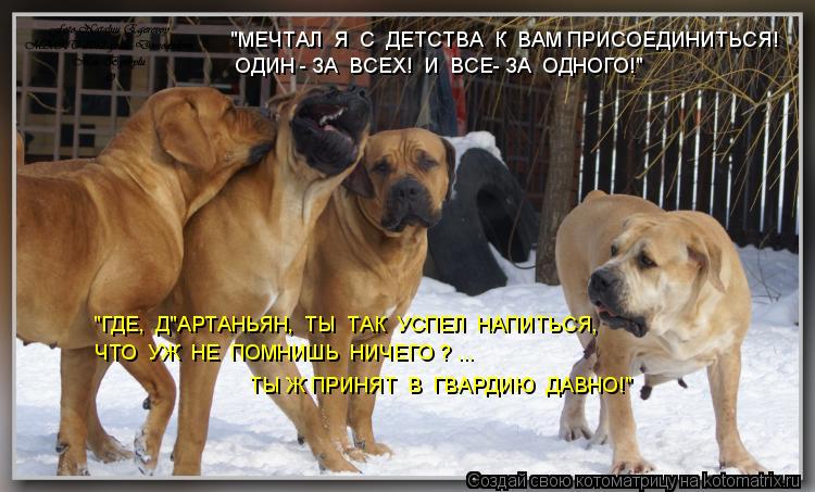 "МЕЧТАЛ Я С ДЕТСТВА К ВАМ ПРИСОЕДИНИТЬСЯ! ОДИН - ЗА ВСЕХ! И ВСЕ- ЗА ОДНОГО!" "ГДЕ, Д"АРТАНЬ... Котоматрица: "МЕЧТАЛ Я С ДЕТСТВА К ВАМ ПРИСОЕДИНИТЬСЯ! ОДИН - ЗА ВСЕХ! И ВСЕ- ЗА ОДНОГО!" "ГДЕ, Д"АРТАНЬЯН, ТЫ ТАК УСПЕЛ НАПИТЬСЯ, ЧТО УЖ НЕ ПОМНИ