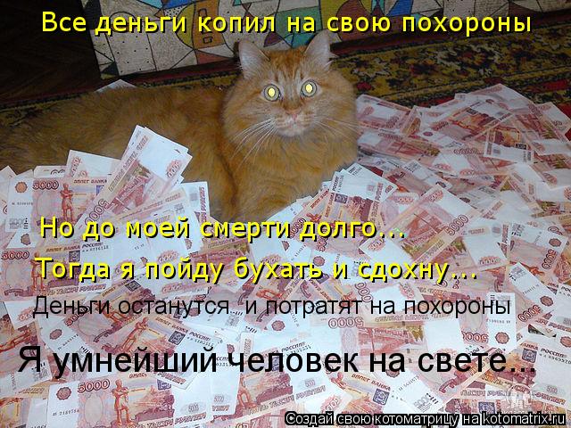 Котоматрица: Все деньги копил на свою похороны Но до моей смерти долго... Тогда я пойду бухать и сдохну... Деньги останутся  и потратят на похороны Я умнейш