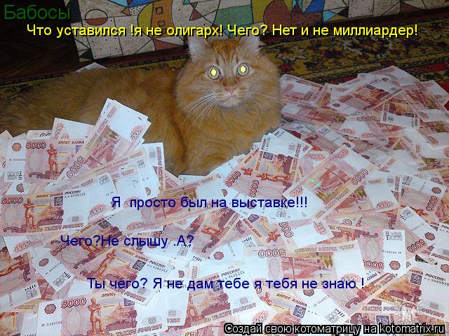 Котоматрица: Бабосы Что уставился !я не олигарх! Чего? Нет и не миллиардер! Я  просто был на выставке!!! Чего?Не слышу .А? Ты чего? Я не дам тебе я тебя не знаю 