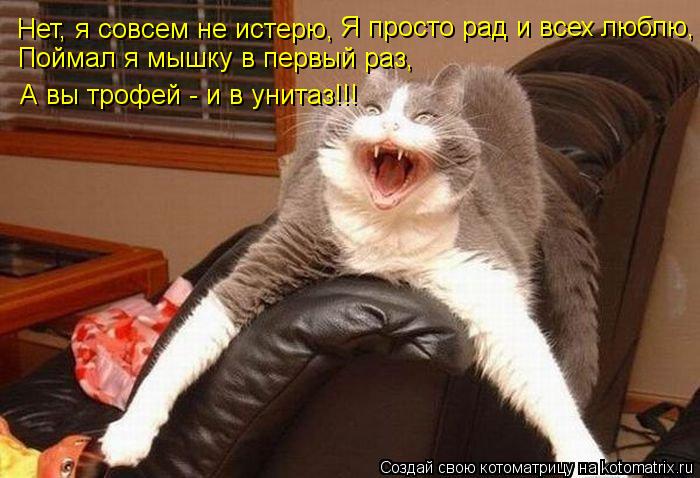 Нет, я совсем не истерю, Я просто рад и всех люблю, Поймал я мышку в первый раз, А вы трофей - и в ун... Котоматрица: Нет, я совсем не истерю, Я просто рад и всех люблю, Поймал я мышку в первый раз, А вы трофей - и в унитаз!!!