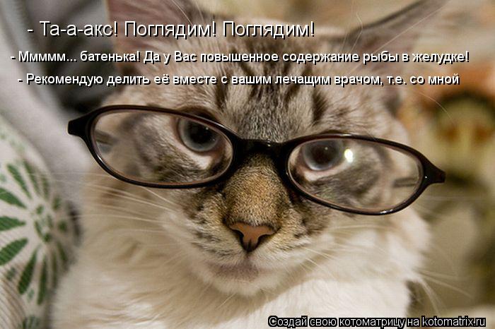 Котоматрица: - Та-а-акс! Поглядим! Поглядим!  - Ммммм... батенька! Да у Вас повышенное содержание рыбы в желудке!  - Рекомендую делить её вместе с вашим лечащи