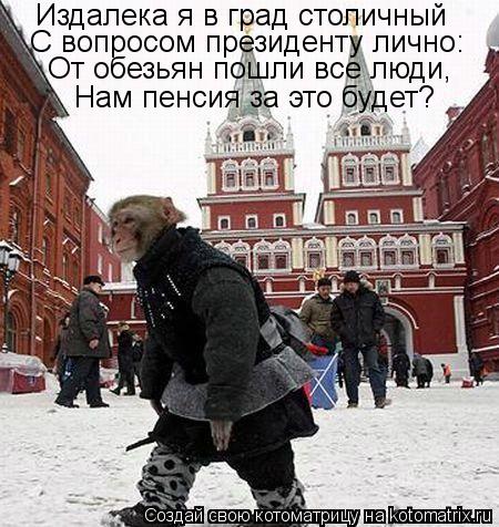 Издалека я в град столичный С вопросом президенту лично: От обезьян пошли все люди, Нам пенсия за это... Котоматрица: Издалека я в град столичный С вопросом президенту лично: От обезьян пошли все люди, Нам пенсия за это будет?