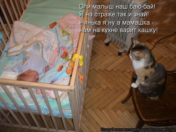 Котоматрица: Спи малыш наш баю-бай! Я на страже,так и знай! Нянька я,ну а мамашка -  нам на кухне варит кашку!