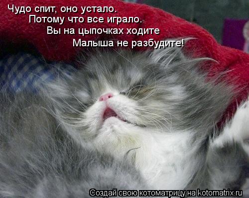 Котоматрица: Чудо спит, оно устало. Потому что все играло. Вы на цыпочках ходите Малыша не разбудите!