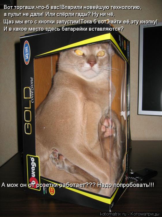 Котоматрица: Вот торгаши,что-б вас!Впарили новейшую технологию,  а пульт не дали! Или спёрли гады? Ну ни чё, Щаз мы его с кнопки запустим!Тока б вот найти её