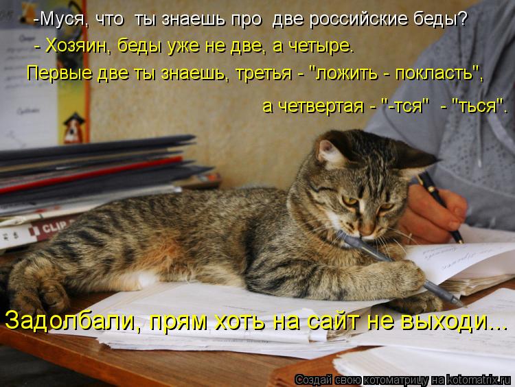 - Хозяин, беды уже не две, а четыре. Первые две ты знаешь, третья - "ложить - покласть", а четверта... Котоматрица: - Хозяин, беды уже не две, а четыре. Первые две ты знаешь, третья - "ложить - покласть", а четвертая - "-тся" - "ться". -Муся, что ты знаешь про