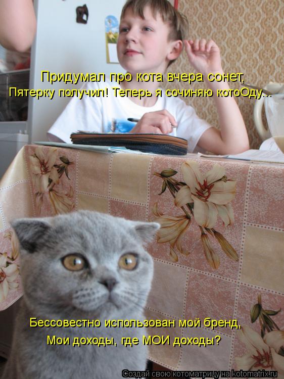 Придумал про кота вчера сонет, Пятерку получил! Теперь я сочиняю котоОду... Бессовестно использован м... Котоматрица: Придумал про кота вчера сонет, Пятерку получил! Теперь я сочиняю котоОду... Бессовестно использован мой бренд, Мои доходы, где МОИ доходы?