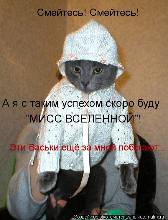Смейтесь! Смейтесь! А я с таким успехом скоро буду "МИСС ВСЕЛЕННОЙ"! Эти Васьки ещё за мной побегают... Котоматрица: Смейтесь! Смейтесь! А я с таким успехом скоро буду "МИСС ВСЕЛЕННОЙ"! Эти Васьки ещё за мной побегают...