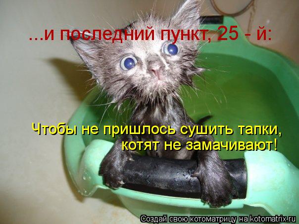 Котоматрица: ...и последний пункт, 25 - й:  Чтобы не пришлось сушить тапки,  котят не замачивают!