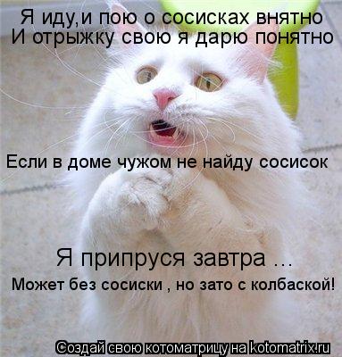 Котоматрица: Я иду,и пою о сосисках внятно И отрыжку свою я дарю понятно Я припруся завтра ... Если в доме чужом не найду сосисок Может без сосиски , но зато