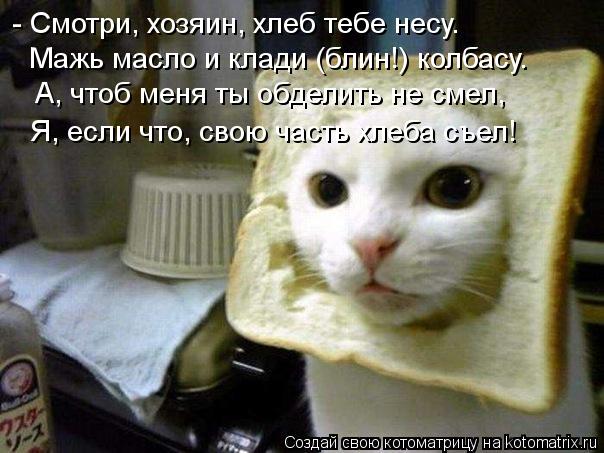- Смотри, хозяин, хлеб тебе несу. Мажь масло и клади (блин!) колбасу. А, чтоб меня ты обделить не сме... Котоматрица: - Смотри, хозяин, хлеб тебе несу. Мажь масло и клади (блин!) колбасу. А, чтоб меня ты обделить не смел, Я, если что, свою часть хлеба съел!