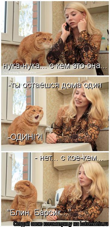 Котоматрица: нука-нука... с кем это она... -ты остаёшся дома один -ОДИН!?! - нет... с кое-кем... "Блин, Барсик..."
