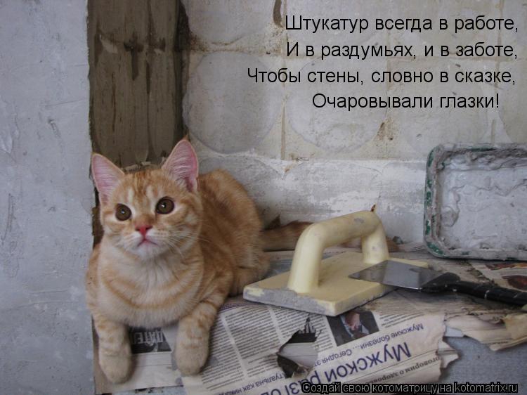 Котоматрица: Штукатур всегда в работе, И в раздумьях, и в заботе, Чтобы стены, словно в сказке, Очаровывали глазки!