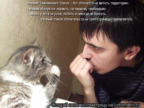 Условия Таможенного Союза: - Кот обязуется не метить территорию. - Человек обязуется: кормить; по пер... Котоматрица: Условия Таможенного Союза: - Кот обязуется не метить территорию. - Человек обязуется: кормить; по первому требованию чесать у кота за ухом;