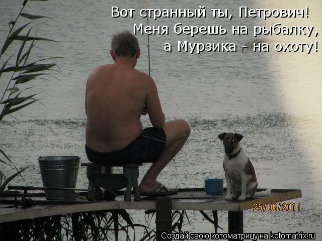 Котоматрица: Вот странный ты, Петрович! Меня берешь на рыбалку,  а Мурзика - на охоту!