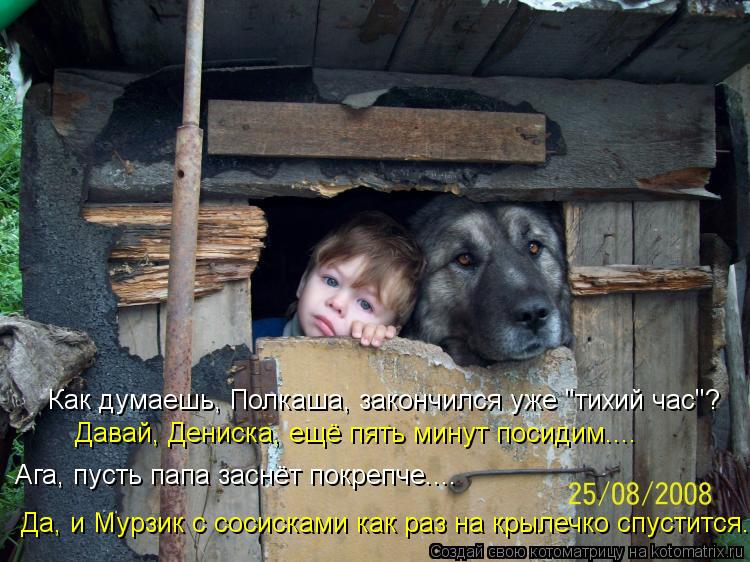 Котоматрица: Как думаешь, Полкаша, закончился уже "тихий час"? Давай, Дениска, ещё пять минут посидим.... Ага, пусть папа заснёт покрепче.... Да, и Мурзик с сос