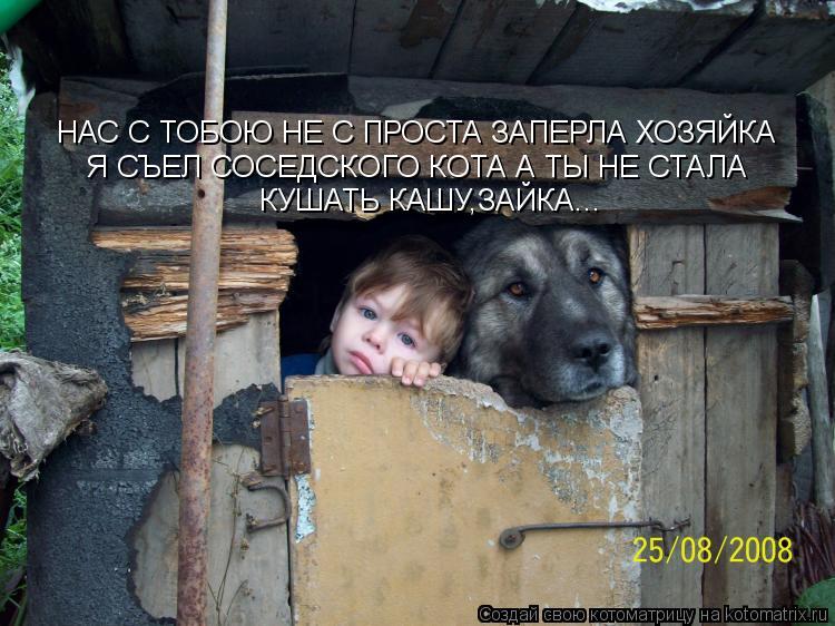 НАС С ТОБОЮ НЕ С ПРОСТА ЗАПЕРЛА ХОЗЯЙКА Я СЪЕЛ СОСЕДСКОГО КОТА А ТЫ НЕ СТАЛА КУШАТЬ КАШУ,ЗАЙКА...... Котоматрица: НАС С ТОБОЮ НЕ С ПРОСТА ЗАПЕРЛА ХОЗЯЙКА Я СЪЕЛ СОСЕДСКОГО КОТА А ТЫ НЕ СТАЛА КУШАТЬ КАШУ,ЗАЙКА...