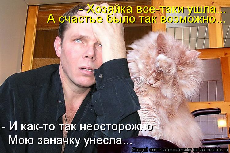 Котоматрица: - Хозяйка все-таки ушла... А счастье было так возможно... - И как-то так неосторожно Мою заначку унесла...