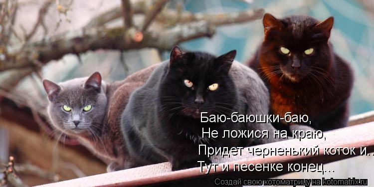 Баю-баюшки-баю, Не ложися на краю, Придет черненький коток и... Тут и песенке конец...... Котоматрица: Баю-баюшки-баю, Не ложися на краю, Придет черненький коток и... Тут и песенке конец...