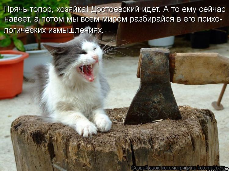 Прячь топор, хозяйка! Достоевский идет. А то ему сейчас навеет, а потом мы всем миром разбирайся в ег... Котоматрица: Прячь топор, хозяйка! Достоевский идет. А то ему сейчас навеет, а потом мы всем миром разбирайся в его психо- логических измышлениях.
