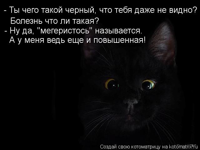 - Ты чего такой черный, что тебя даже не видно? Болезнь что ли такая? - Ну да, "мегеристось" называет... Котоматрица: - Ты чего такой черный, что тебя даже не видно? Болезнь что ли такая? - Ну да, "мегеристось" называется. А у меня ведь еще и повышенная!