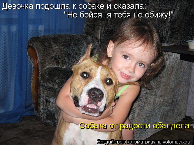 Котоматрица: Девочка подошла к собаке и сказала:   "Не бойся, я тебя не обижу!"  Собака от радости обалдела.