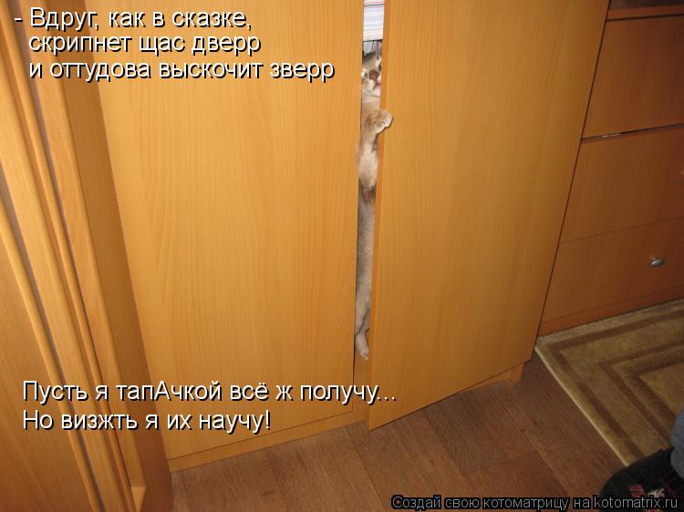 - Вдруг, как в сказке, скрипнет щас дверр и оттудова выскочит зверр Пусть я тапАчкой всё ж получу... ... Котоматрица: - Вдруг, как в сказке, скрипнет щас дверр и оттудова выскочит зверр Пусть я тапАчкой всё ж получу... Но визжть я их научу!