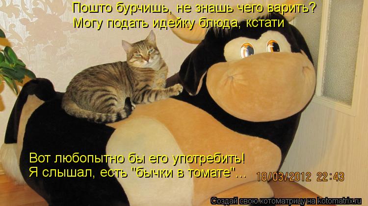 Я слышал, есть "бычки в томате"... Пошто бурчишь, не знашь чего варить? Могу подать идейку блюда, кст... Котоматрица: Я слышал, есть "бычки в томате"... Пошто бурчишь, не знашь чего варить? Могу подать идейку блюда, кстати Вот любопытно бы его употребить!