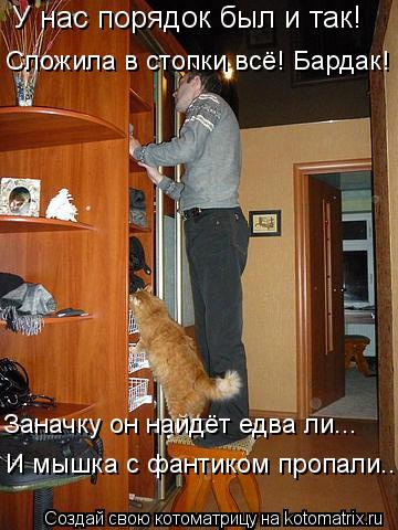 У нас порядок был и так! Сложила в стопки всё! Бардак! Заначку он найдёт едва ли... И мышка с фантико... Котоматрица: У нас порядок был и так! Сложила в стопки всё! Бардак! Заначку он найдёт едва ли... И мышка с фантиком пропали...