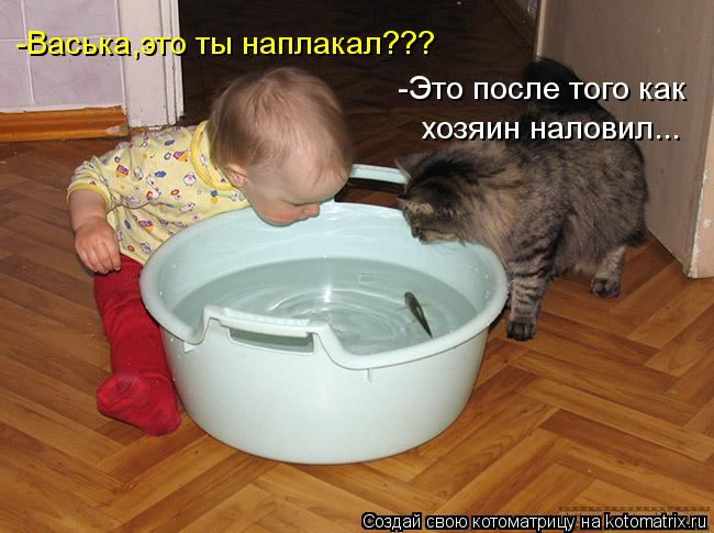 Котоматрица: -Васька,это ты наплакал??? -Это после того как хозяин наловил...