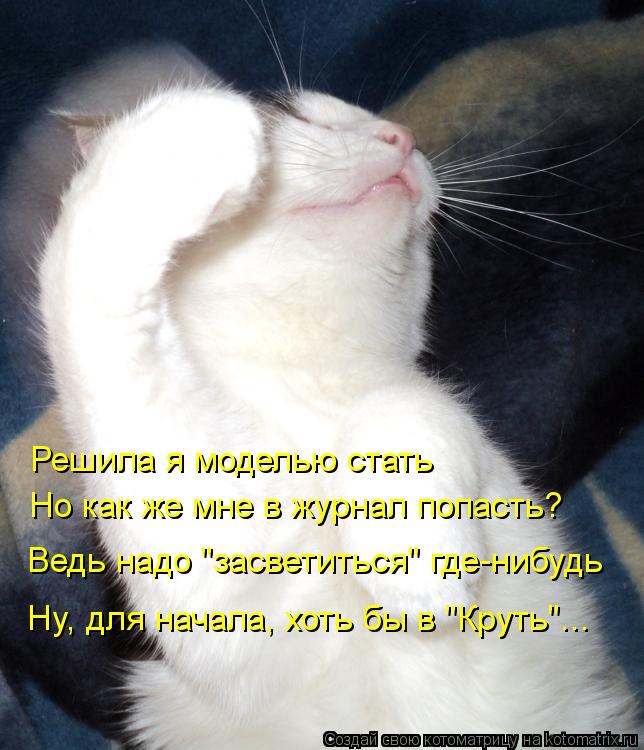 Решила я моделью стать Но как же мне в журнал попасть? Ведь надо "засветиться" где-нибудь Ну, для нач... Котоматрица: Решила я моделью стать Но как же мне в журнал попасть? Ведь надо "засветиться" где-нибудь Ну, для начала, хоть бы в "Круть"...