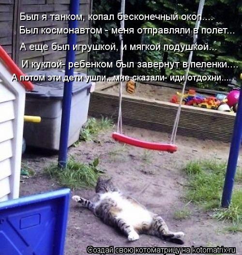Котоматрица: Был я танком, копал бесконечный окоп.... Был космонавтом - меня отправляли в полет... А еще был игрушкой, и мягкой подушкой... И куклой- ребенком 