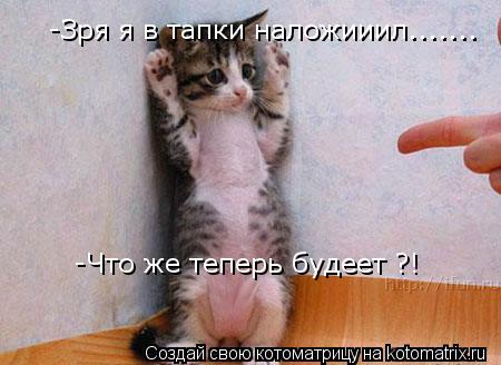 Котоматрица: -Зря я в тапки наложииил.......  -Что же теперь будеет ?!