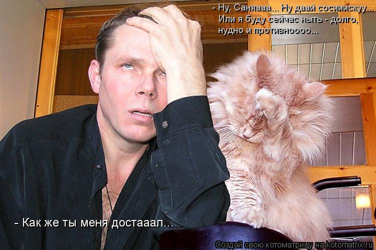 Котоматрица: - Ну, Саняааа... Ну даай сосииискуу...  Или я буду сейчас ныть - долго, нудно и противноооо... - Как же ты меня достааал...