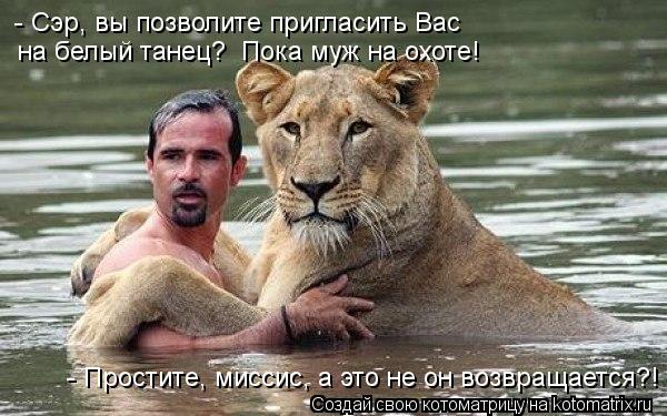 - Простите, миссис, а это не он возвращается?! - Сэр, вы позволите пригласить Вас на белый танец? П... Котоматрица: - Простите, миссис, а это не он возвращается?! - Сэр, вы позволите пригласить Вас на белый танец? Пока муж на охоте!