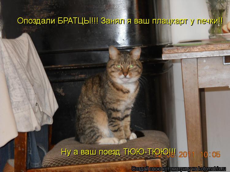 Ну а ваш поезд ТЮЮ-ТЮЮ!!! Опоздали БРАТЦЫ!!! Занял я ваш плацкарт у печки!!... Котоматрица: Ну а ваш поезд ТЮЮ-ТЮЮ!!! Опоздали БРАТЦЫ!!! Занял я ваш плацкарт у печки!!