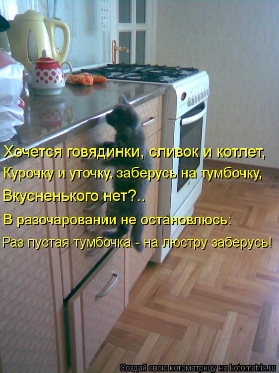 Котоматрица: Хочется говядинки, сливок и котлет, Курочку и уточку, заберусь на тумбочку, Вкусненького нет?.. Раз пустая тумбочка - на люстру заберусь! В ра