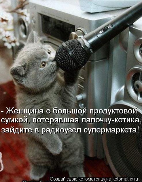 - Женщина с большой продуктовой сумкой, потерявшая лапочку-котика, зайдите в радиоузел супермаркета!... Котоматрица: - Женщина с большой продуктовой сумкой, потерявшая лапочку-котика, зайдите в радиоузел супермаркета!