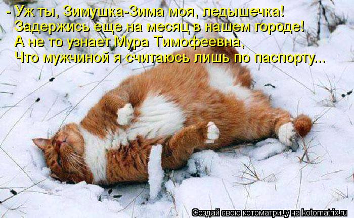 - Уж ты, Зимушка-Зима моя, ледышечка! Задержись еще на месяц в нашем городе! А не то узнает Мура Тимо... Котоматрица: - Уж ты, Зимушка-Зима моя, ледышечка! Задержись еще на месяц в нашем городе! А не то узнает Мура Тимофеевна, Что мужчиной я считаюсь лишь по па